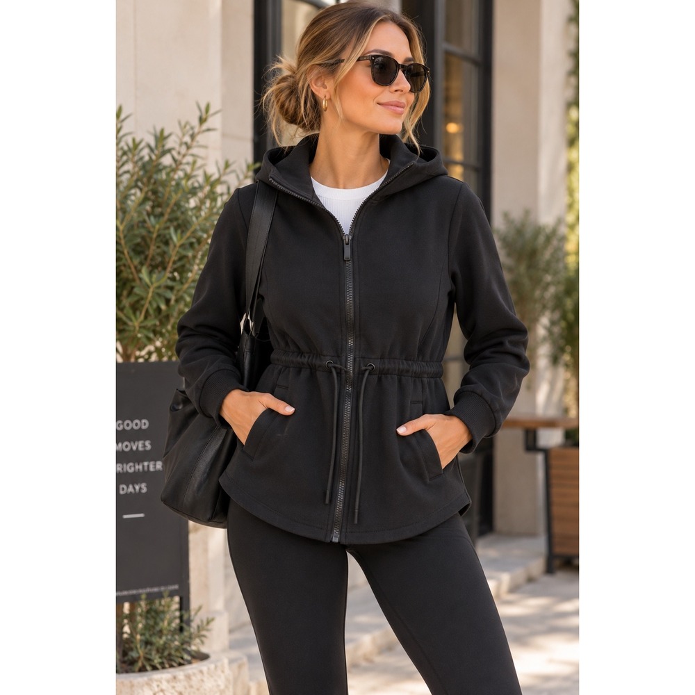 Varley Dahlia Cinched Waist Zip Hoodie Jacket Minimalist Quiet Luxury Black Sz L